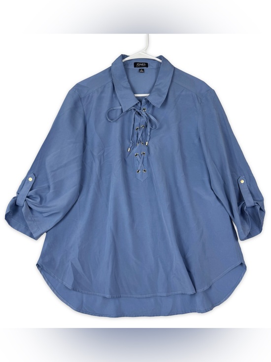 Jones New York Tops - Jones New York Top Womens XL Solid‎ Blue Neck Lace Up 3/4 Sleeve